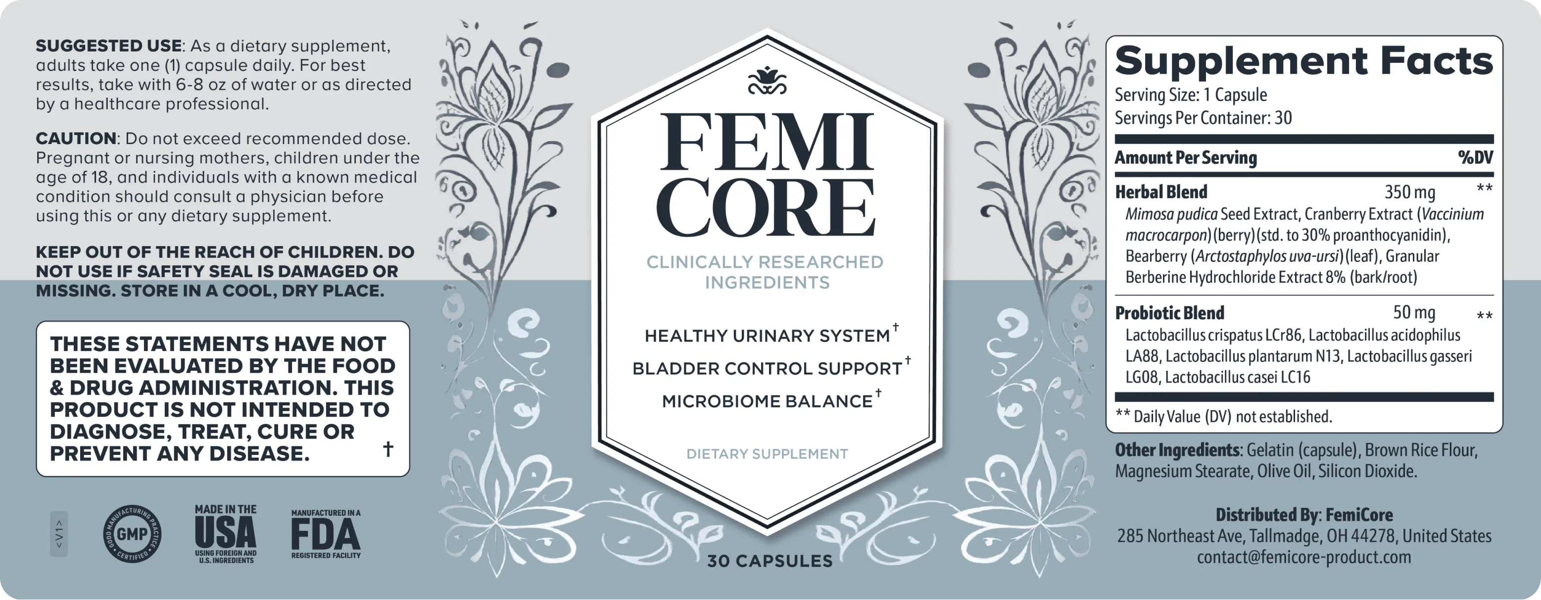 FemiCore Ingredients Label and Supplement Facts