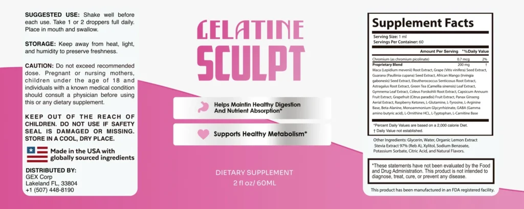 Gelatine Sculpt Ingredients Label and Supplement Facts